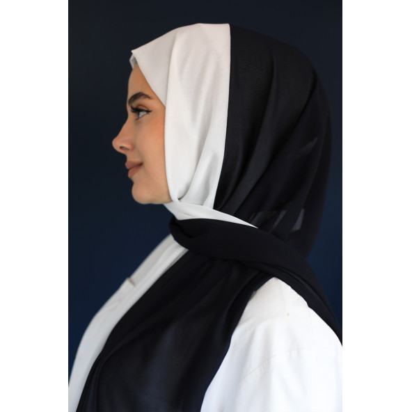 İki Renkli Şifon Şal Beyaz-Lacivert - 2
