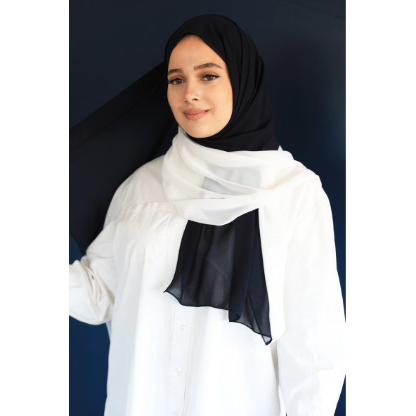 İki Renkli Şifon Şal Beyaz-Lacivert - 3