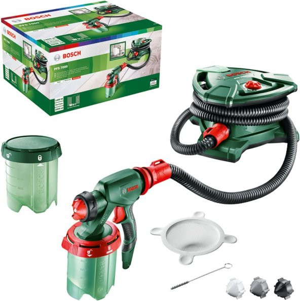 Boya Spreyi Sistemi PFS 7000 (1400 W, 2x boya kapları 1000 ml, duvar boyaları, cilalar ve vernikler için 3 adet püskürtme aparatı, boya filtresi, temizleme fırçası, karton pakette)