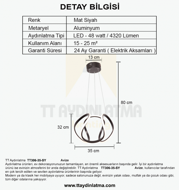 TT Aydınlatma TT306-35-SY  Kavis Modeli Mat Siyah Led Avize - 4