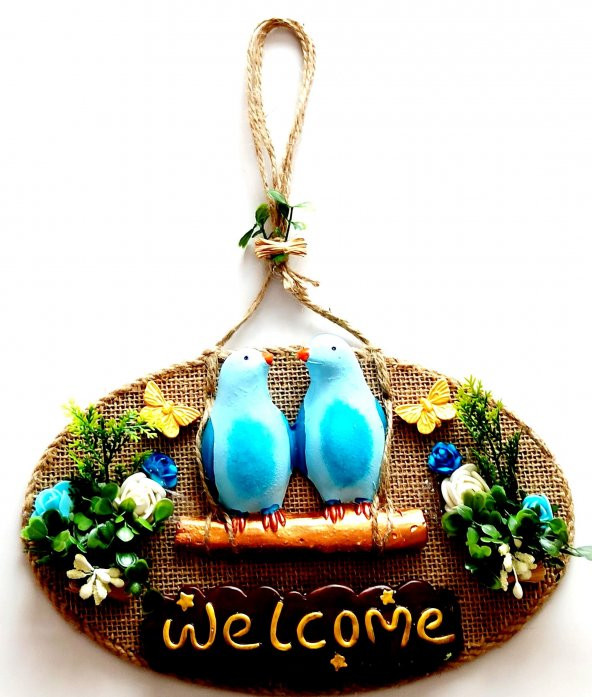 Mavi Kuşlu Çiçekli Welcome Yazılı Kapı Süsü