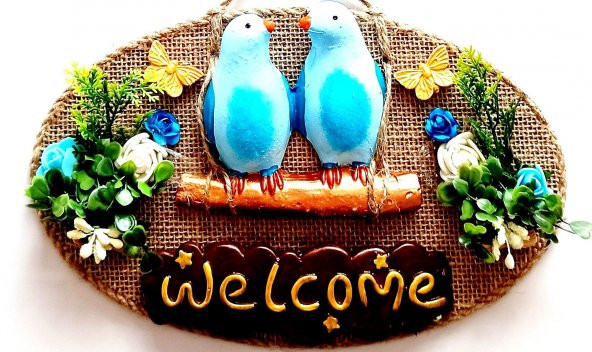 Mavi Kuşlu Çiçekli Welcome Yazılı Kapı Süsü - Resim 2