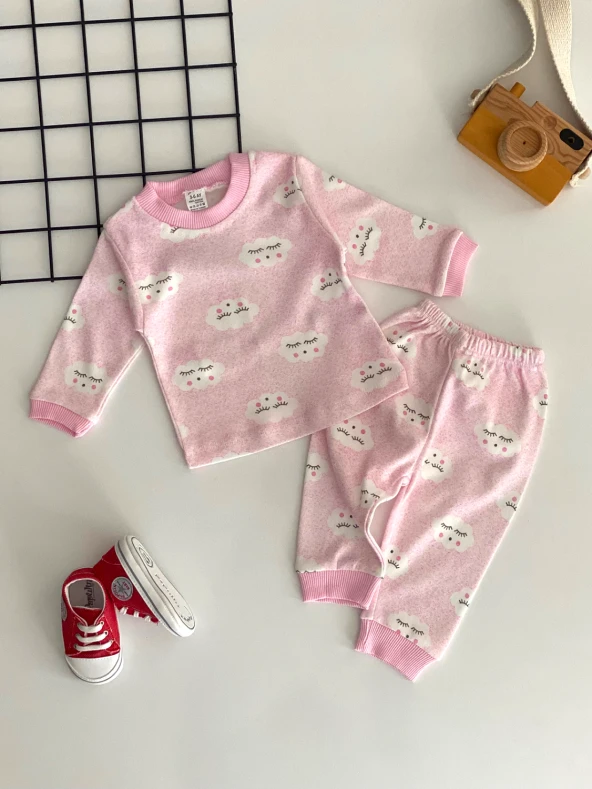 Neşeli Bebekler Bulut Desen Pijama Takımı Pembe
