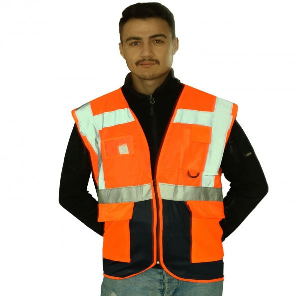 Mühendis Tipi İkaz Yeleği Cepli Fosforlu Fermuarlı Güvenlik Yelek Turuncu - 3