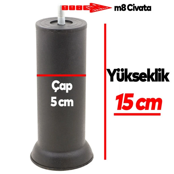Metal Mobilya Kanepe Baza Yatak Koltuk Puf Destek Yükseltme Ayağı M8 Civata Siyah Ayakları 15 Cm - 4