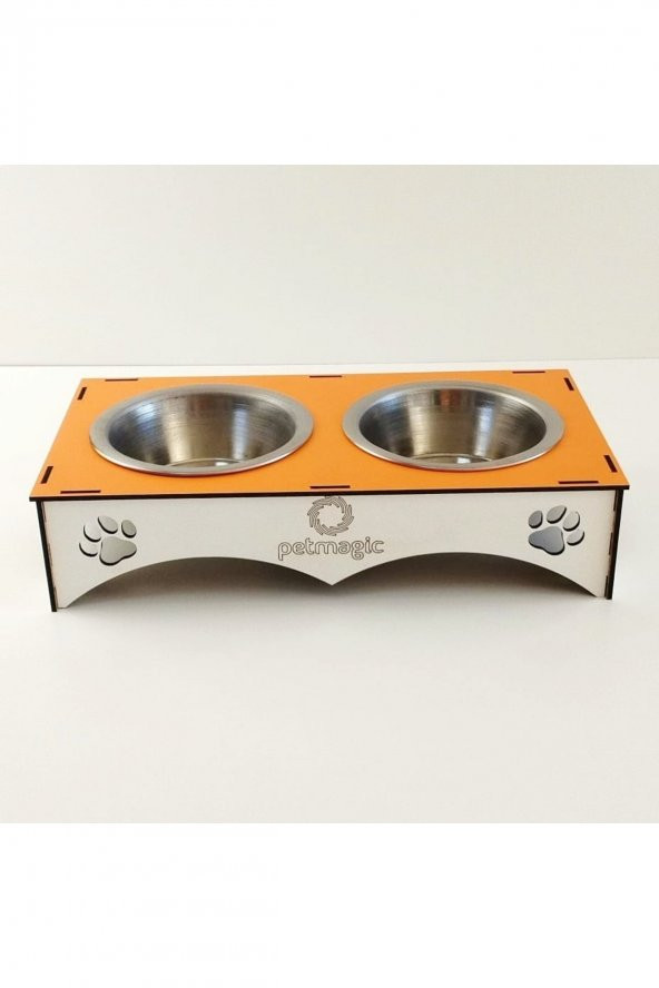 Petmagic 2li Mama Kabı Ikili Ahşap-Çelik Mama Kabı Turuncu