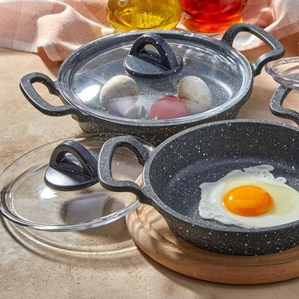 Eda Asya 3lü Cam Kapaklı Granit Döküm Sahan Seti  Gri - 2