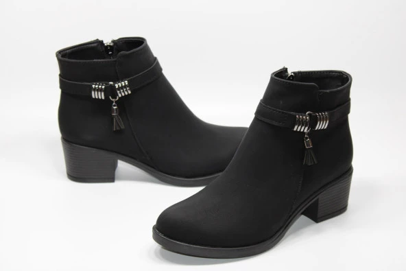 SEDEF KAYMAZ KAUÇUK TABAN PÜSKÜL TOKA DETAY FERMUARLI KADIN SİYAH TOPUKLU BOT - 2