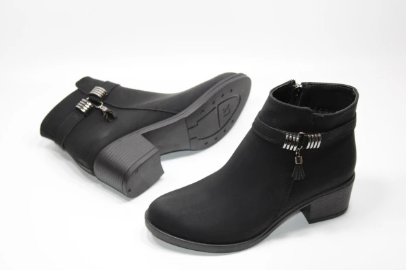 SEDEF KAYMAZ KAUÇUK TABAN PÜSKÜL TOKA DETAY FERMUARLI KADIN SİYAH TOPUKLU BOT - 3