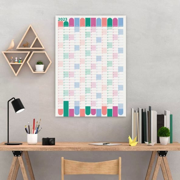 2023 Yıllık Planlayıcı Duvar Takvimi Pembe Yeşil Wall Planner - 50 X 70 CM Boy