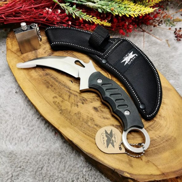 23 cm DPX marka çelik yekpare kılıflı mükemmel karambit bıçak yanında zippo kibrit ile birlikte