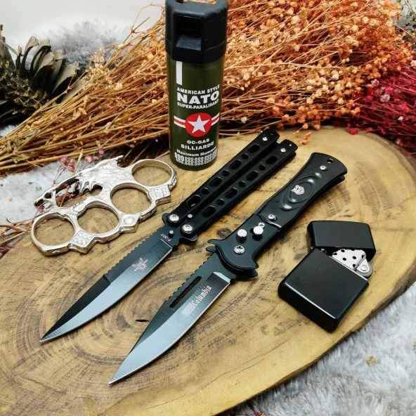 22 cm bencmade marka çelik kemer klipsli kelebek
21 cm otomatik çakı
Çelik muşta
Zippo çakmak