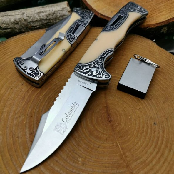 23 cm orjinal columbia kabze emniyetli gravür işlemeli çelik bıçak yanında zippo kibrit ile birlikte