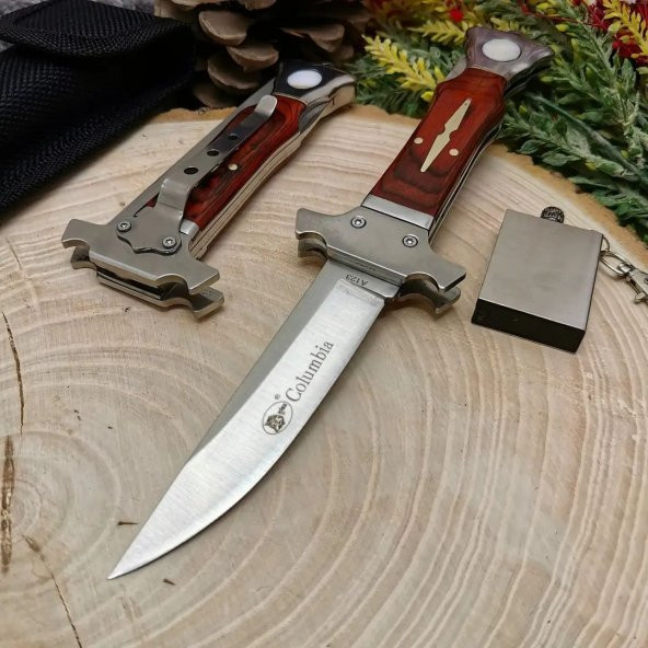 21 cm orjinal columbia kabze emniyetli manuel çelik kılıflı bıçak yanında zippo kibrit ile birlikte