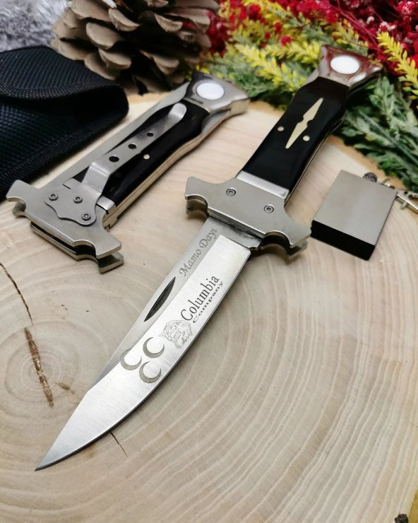 25 cm orjinal columbia kabze emniyetli manuel çelik kılıflı bıçak yanında zippo kibrit ile birlikte