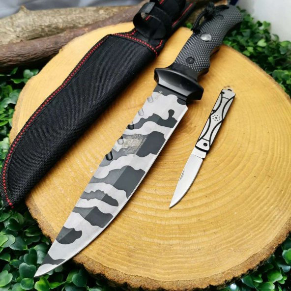 33 cm arizona çelik kılıflı ve ipli pusulalı avcı bıçağı yanında guardos mini çakı ile birlikte