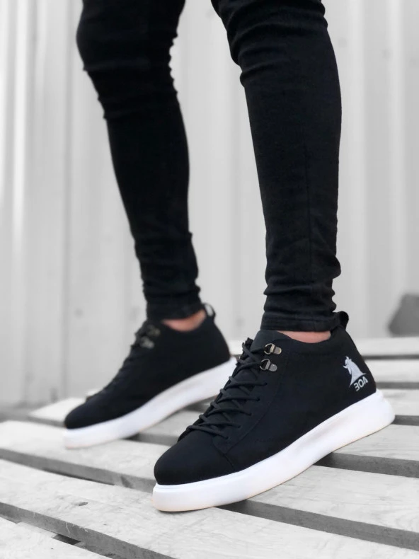 BA0220 Bağcıklı Erkek Yüksek Taban Siyah Beyaz Taban Spor Ayakkabı - 2