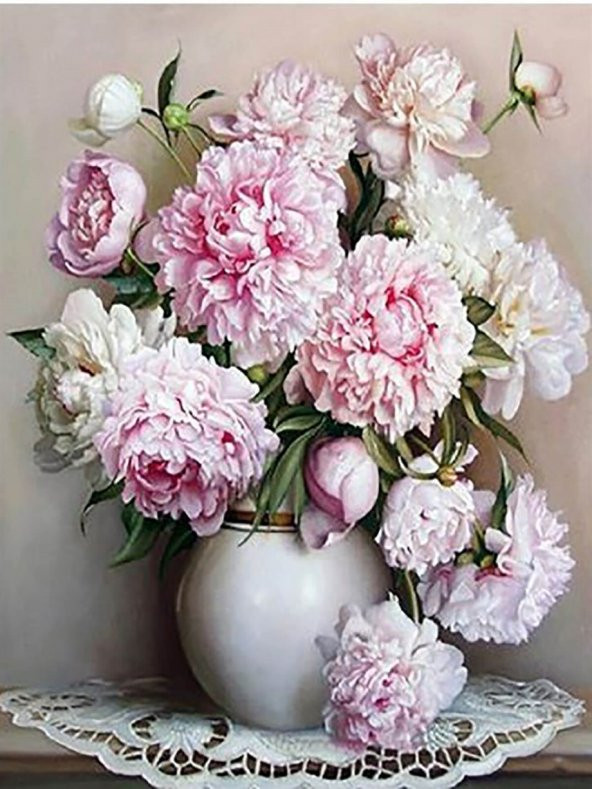 Beyaz Vazo ve Çiçekler 2 Sayılarla Boyama Seti(60x75 cm Tuval Şasesine Gerili)