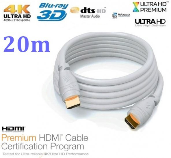 Hdmi Kablo 4K 20 M Ultra Hd 4K 60Hz 2160P Yüksek Hız Kablo Beyaz