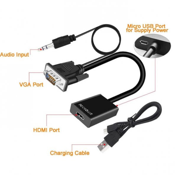 Vga Hdmi Çevirici Dönüştürücü Kablo Ses Destekli Vga To Hdmi