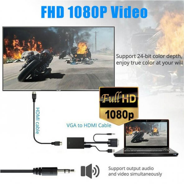 Vga Hdmi Çevirici Dönüştürücü Kablo Ses Destekli Vga To Hdmi - Resim 7