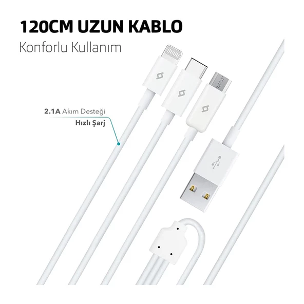 Ttec 2Dk7521 Trio Şarj Kablosu Typec,Lightning,Micro Usb Beyaz