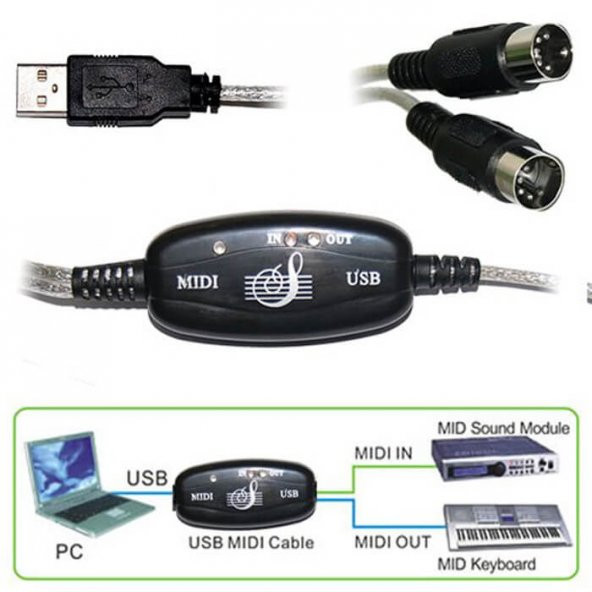 Usb Midi Kablo Org Adaptör Keyboard Adapter Piyano - 2 Metre - 3