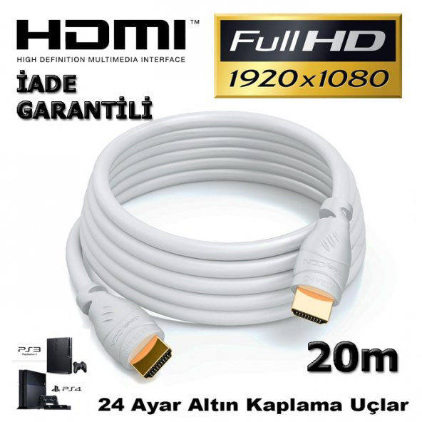 20M Metre Hdmi Kablo 3D Full Hd Beyaz Altın Uçlu Uydu Receiver ürün görseli 1