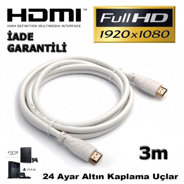 3M Metre Hdmi Kablo V1.4 2160P Full Hd Beyaz Lcd Pc Laptop Ps3 3D