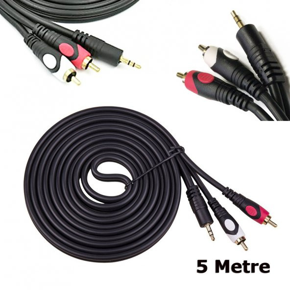 5M Stereo To 2 Rca Ses Video Sinyal Kablosu - 3.5Mm Stereo