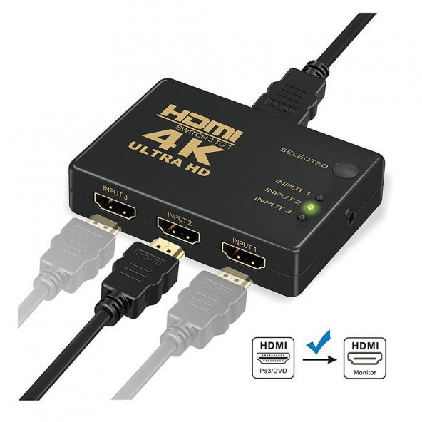 3 Port Hdmi Switch - 4K - Kumandalı - Ultra Hd - Versiyon:2020 - 2