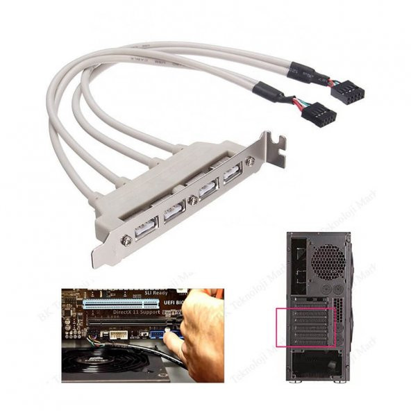 Pc Anakart 9 Pin Header 4 Port Usb 2.0 Dişi Kablo Pci Braketi