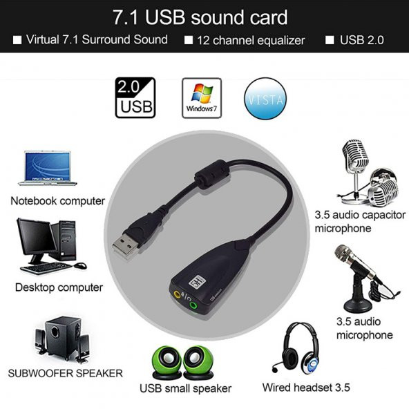 Wozlo 7.1 USB 12 Kanal 64 Bit 5HV2 Destekli Kablolu Audio Çevirici Harici Ses Kartı - Resim 4