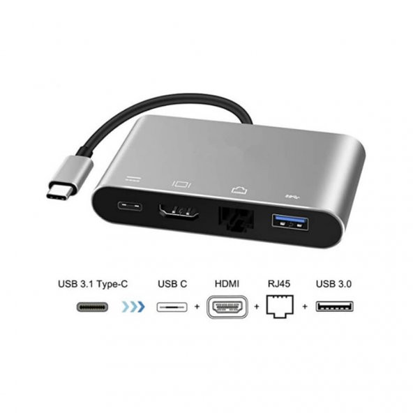 4In1 Type C To Usb 3.0 + Hdmi + Gigabit Ethernet + Type-C Adaptör (551664302) - 3