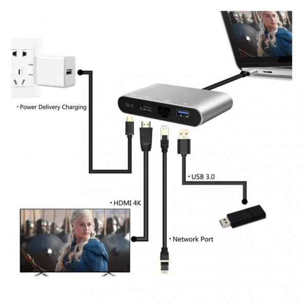 4In1 Type C To Usb 3.0 + Hdmi + Gigabit Ethernet + Type-C Adaptör (551664302) - 8