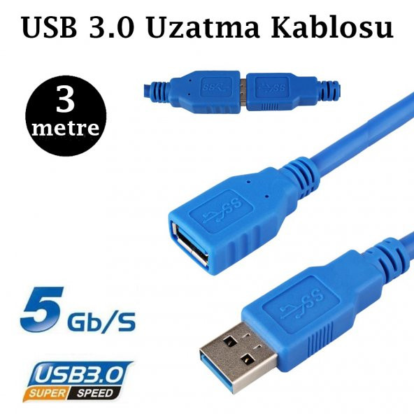 3 Metre Usb 3.0 Uzatma Kablosu Usb Erkek Dişi Uzatma Kablosu