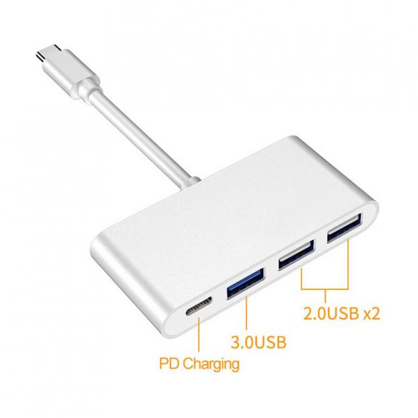 Type C To 2xUsb 2.0 + Usb 3.0 Hub Çoklayıcı + Usb-C Metal Gövde