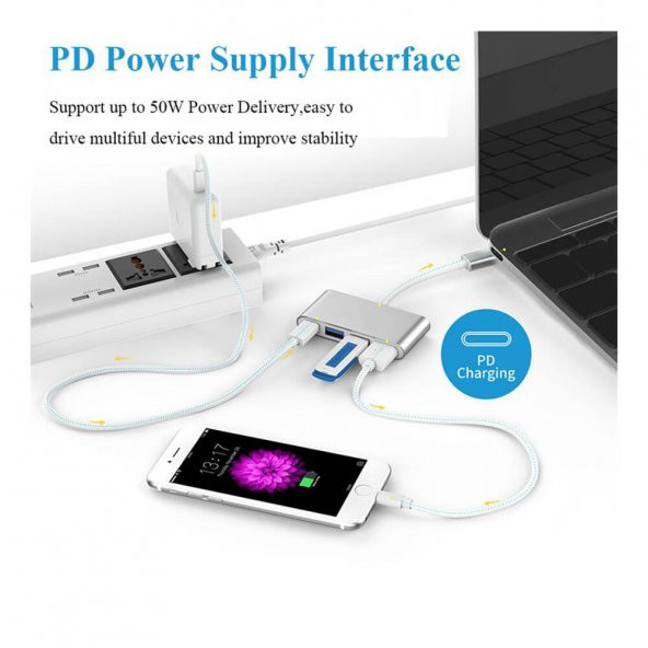 Type C To 2xUsb 2.0 + Usb 3.0 Hub Çoklayıcı + Usb-C Metal Gövde - 7
