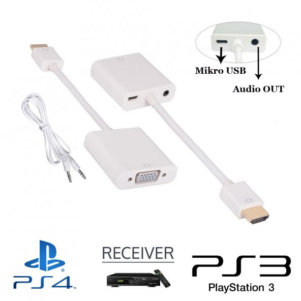 Hdmi To Vga Uydu Macbook Ps3 Projeksiyon Ses Ve Güç Kablo