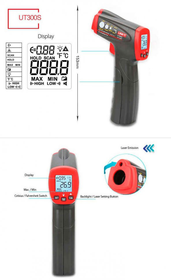 Unı-t Ut300s Lazer Termometre Kızılötesi Temassız Sıcaklık Ölçer N11.523 - 8