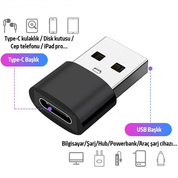 Usb To Type-C Dişi Çevirici Dönüştürücü Adaptör - 4