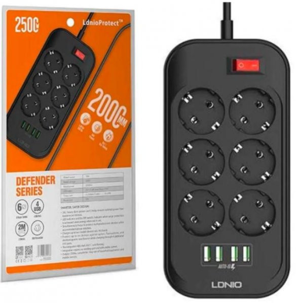 Ldnio SE6403 4xUsb Çıkışlı 6lı Akım Korumalı Priz 2 Metre Siyah - 4