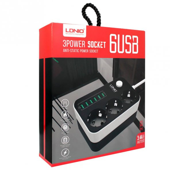 Ldnio SE3631 6xUsb Çıkışlı 3lü Akım Korumalı Priz 2 Metre Siyah - 4