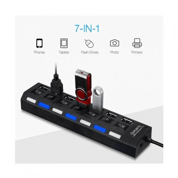7 Port Usb Hub Çoklayıcı Çoğaltıcı Onoff Düğmeli Işıklı Adaptörlü (518962660) - Resim 2