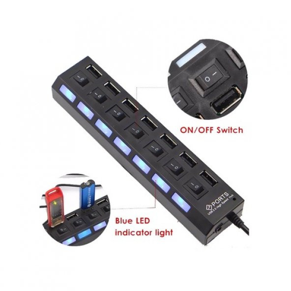 7 Port Usb Hub Çoklayıcı Çoğaltıcı Onoff Düğmeli Işıklı Adaptörlü (518962660) - Resim 3