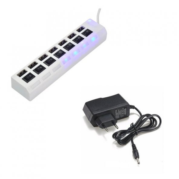 7 Port Usb Hub Çoklayıcı Anahtarlı Switch Işıklı Beyaz Adaptörlü (518962655)