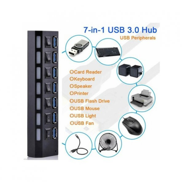 7 Port Usb 3.0 Çoklayıcı Hub Anahtarlı Işıklı Adaptörlü Ic Chipli (518992114) - 6