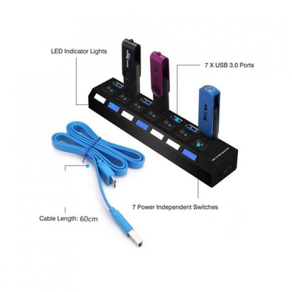 7 Port Usb 3.0 Çoklayıcı Hub Anahtarlı Işıklı Adaptörlü Ic Chipli (518992114) - 7