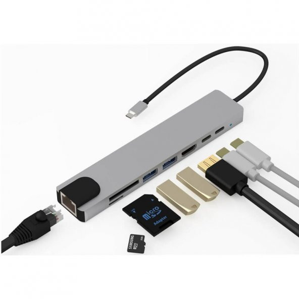 8 In 1 Type C To Hdmı- Sd/ Tf- 2 USB 3.0- USB-C Pd Ethernet Kablo - 2