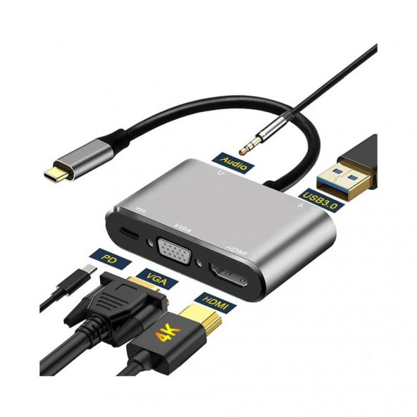 Type-C To 4K Hdmi Vga Usb 3.0 Otg Audio Ses Çevirici Kablo 5 In 1 (518947659) - 3